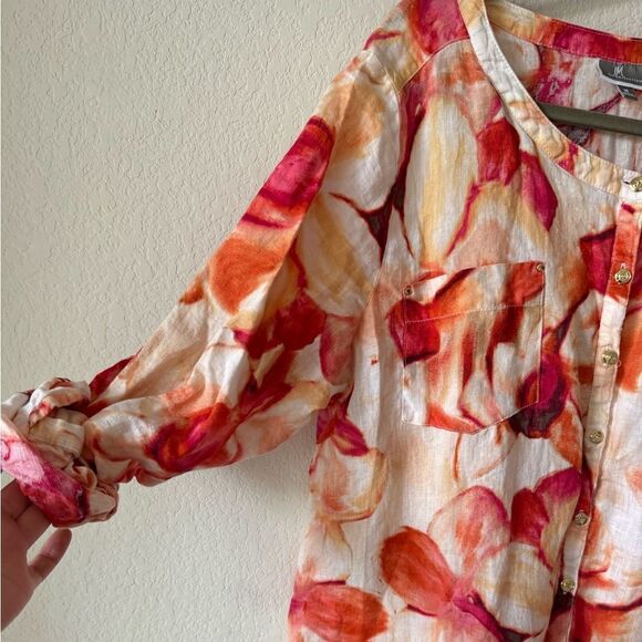 JM Collection 100% Linen Floral Button Front Blouse Sz 16 Mature Cottagecore - Picture 3 of 5